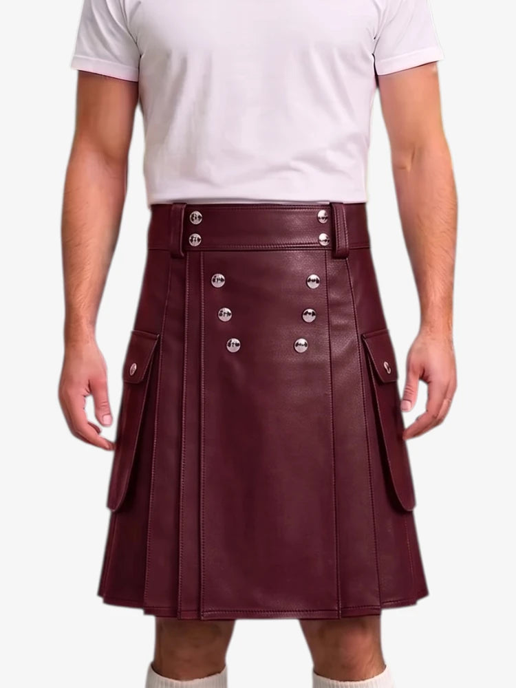 A maroon faux leather kilt with silver-tone double-breasted buttons and side flap pockets, worn by a model in a white t-shirt against a light gray background.