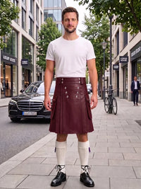 A man stands on a city sidewalk wearing a dark burgundy faux-leather kilt with silver button details, a white t-shirt, white knee-high socks, and black leather shoes.