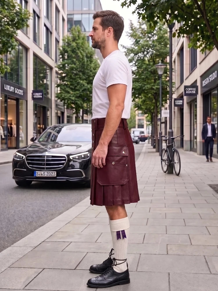 A man standing on a city sidewalk wearing a dark burgundy leather kilt, white t-shirt, white socks, and black leather shoes. A black Mercedes-Benz car is parked on the street behind him, with trees and storefronts in the background.