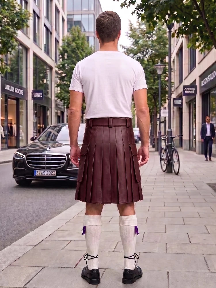 Burgundy Leather Kilt For Men Tactical Utility Kilts