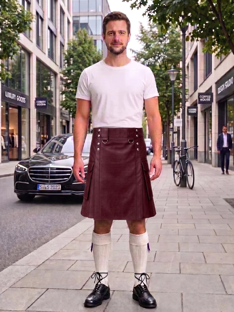 Burgundy Leather Kilt For Men Tactical Utility Kilts