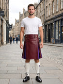 Burgundy Leather Kilt With Purple Pleats Front Side