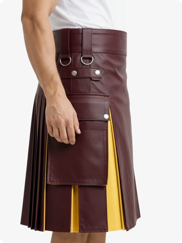 Brown leather kilt with yellow accent on a white background
