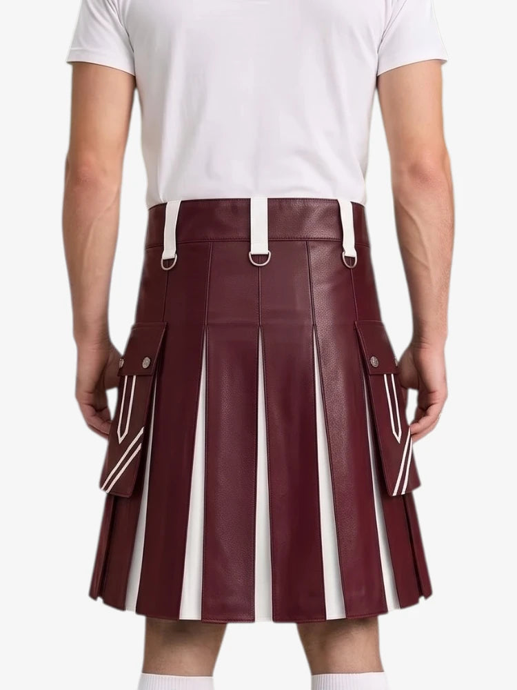 A maroon faux-leather pleated kilt with white stripe details and white belt loops, shown on a model from the back wearing a white t-shirt.