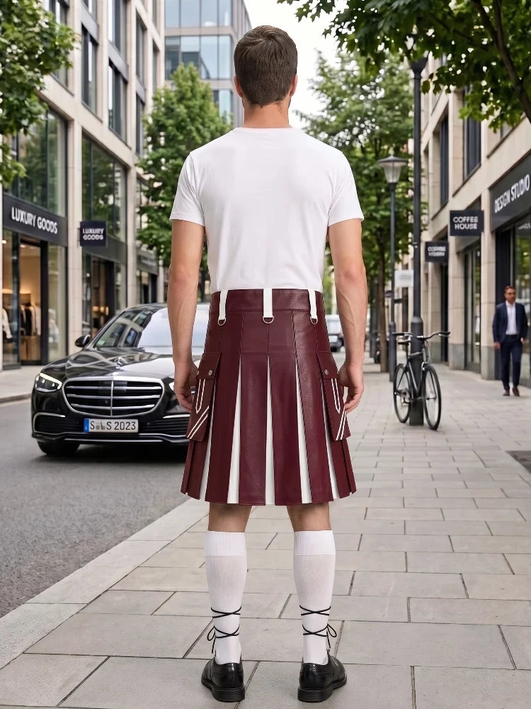 A man stands on a city sidewalk facing away from the camera, wearing a white t-shirt and a pleated burgundy leather kilt with white vertical stripe details, white knee-high socks, and black shoes. A black Mercedes-Benz car and a bicycle are visible in the background.