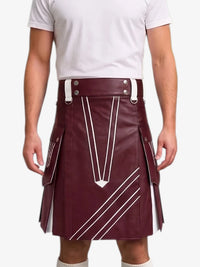 Burgundy and White Leather Hybrid Utility Kilt