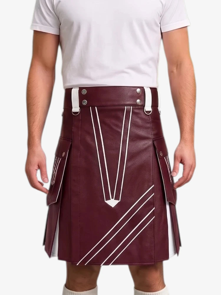 Burgundy and White Leather Hybrid Utility Kilt