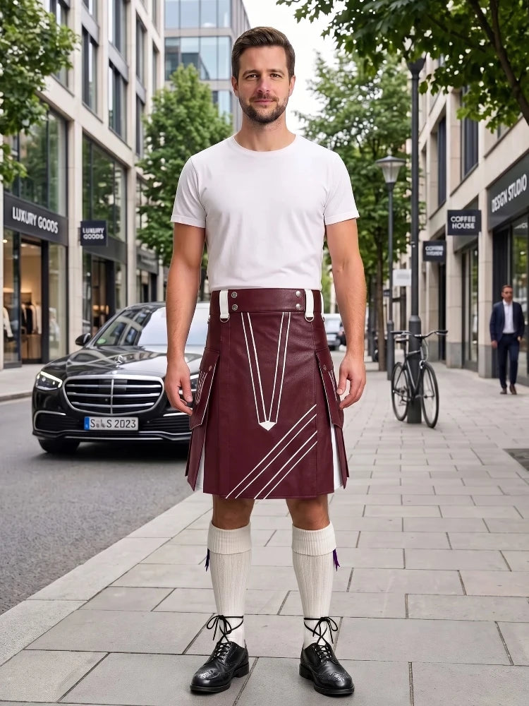 A man stands on a city sidewalk wearing a burgundy leather kilt with white contrast stitching, a white t-shirt, white knee-high socks, and black leather shoes. The background shows a blurred street scene with buildings, a parked black Mercedes, and a bicycle.