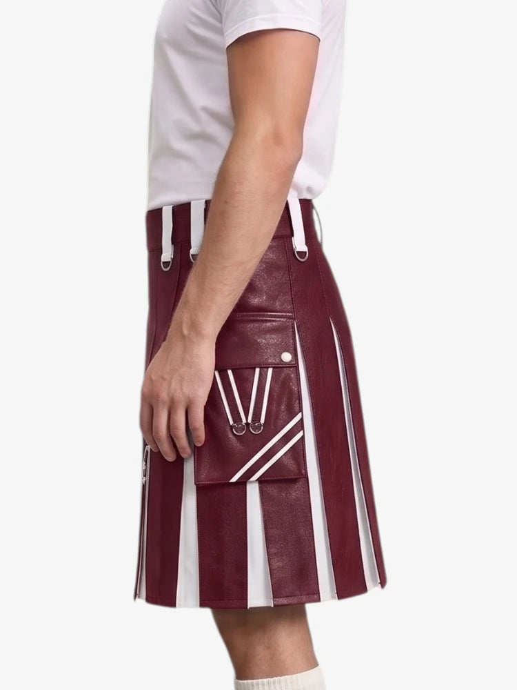 A maroon faux-leather kilt with white vertical stripes and white drawstrings, shown on a model wearing a white t-shirt against a light gray background.