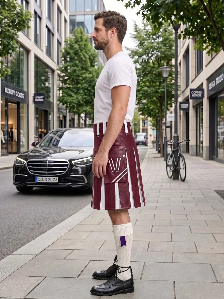 A man standing on a city sidewalk wearing a burgundy and white pleated kilt, white t-shirt, white knee-high socks, and black leather shoes, with a street scene and parked cars in the background.