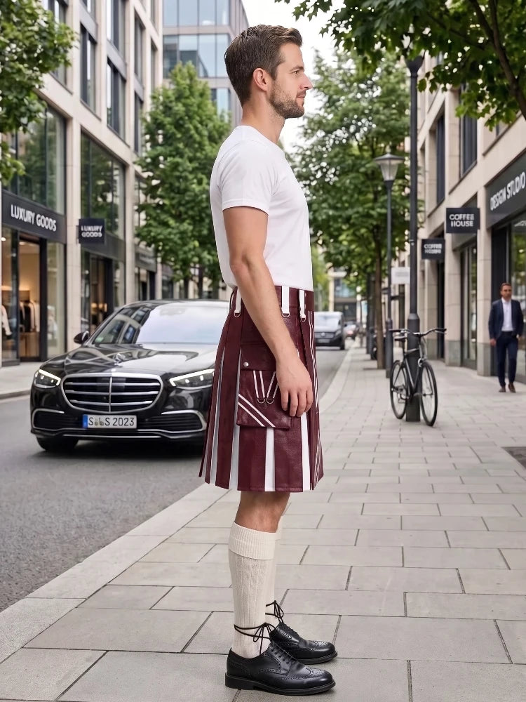 A man standing on a city sidewalk wearing a white t-shirt, a burgundy and white vertically striped kilt, cream knee-high socks, and black leather dress shoes. A black Mercedes-Benz car is parked on the street behind him.