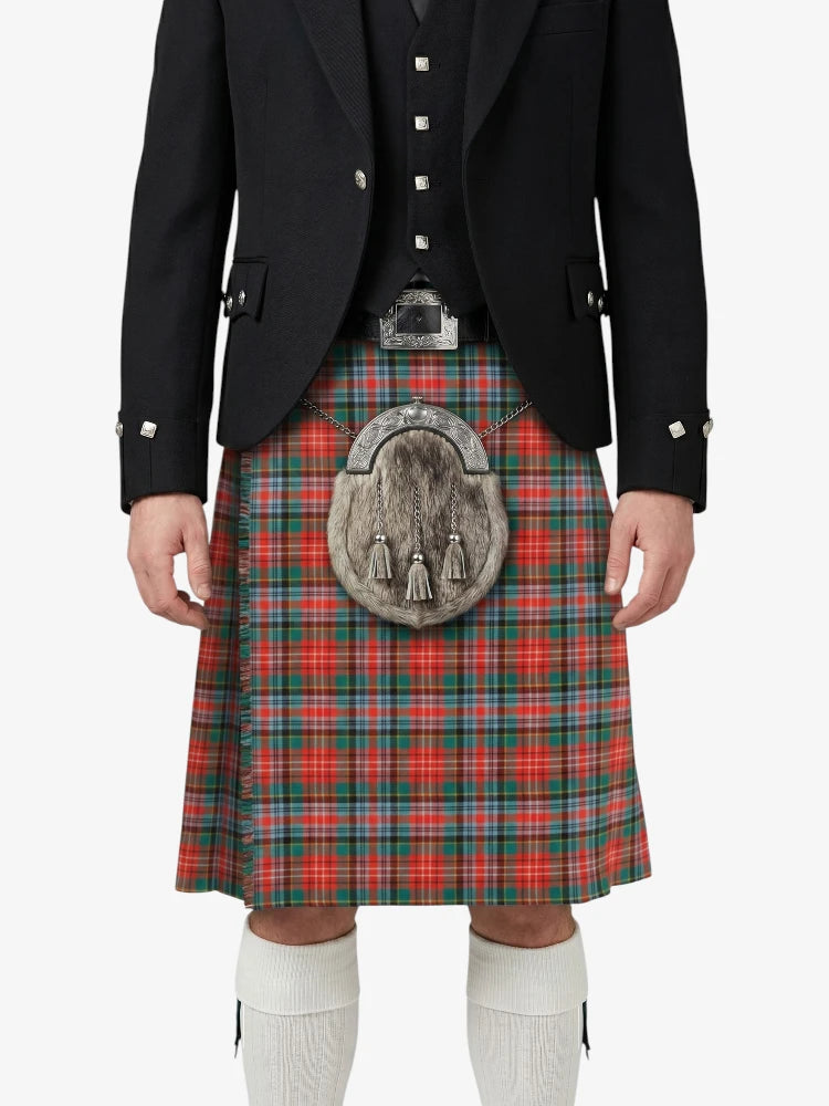 Person wearing a traditional Scottish kilt with a tartan pattern on a white background