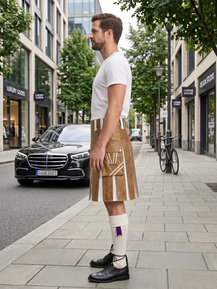 Camel And White Leather Hybrid Utility Kilt Left Side