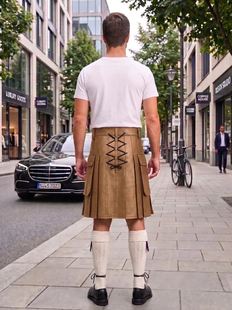 A man viewed from behind wearing a tan pleated kilt with black lace-up detailing at the back, a white t-shirt, white knee-high socks, and black shoes, standing on a city sidewalk.