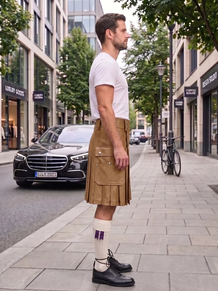 A man standing on a city sidewalk wearing a white t-shirt, a tan pleated kilt, white socks with purple stripes, and black leather shoes. A black Mercedes-Benz car and a bicycle are parked in the background of the street scene.