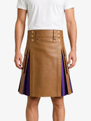 Camel Leather Kilt With Purple Pleats