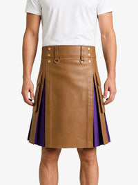 Camel Leather Kilt With Purple Pleats