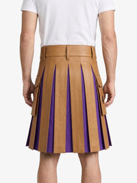 Camel Leather Kilt With Purple Pleats Back