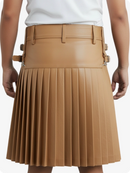 Tan pleated skirt with belt on a white background