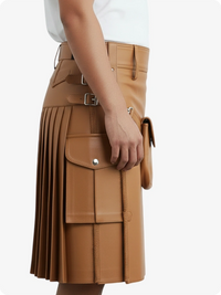 Tan pleated skirt with belt and pocket details on a white background
