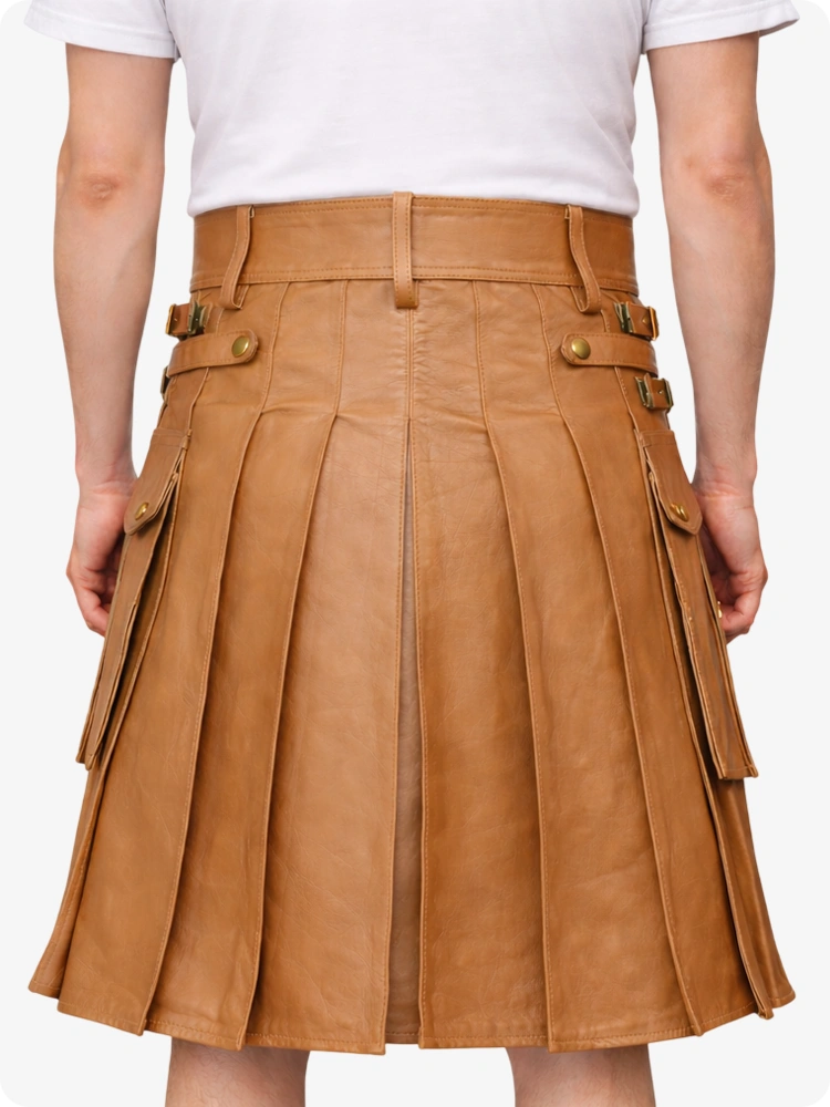 Camel Leather Kilt worn by a person on a white background
