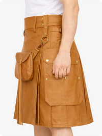 Camel leather Kilt with multiple pockets on a white background