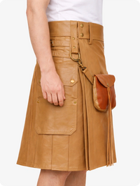 Camel leather kilt with a attached pouch on a white background