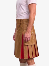 A man wearing a tan faux-leather kilt with pleated red lining, paired with a white t-shirt and white socks, shown from the waist down against a light gray background.