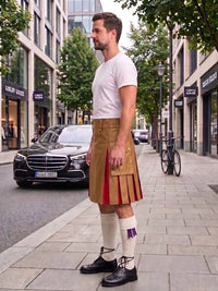 A man stands on a city sidewalk wearing a tan pleated kilt with red and gold accents, a white t-shirt, white knee-high socks, and black leather shoes. A black Mercedes-Benz car and storefronts are visible in the background.