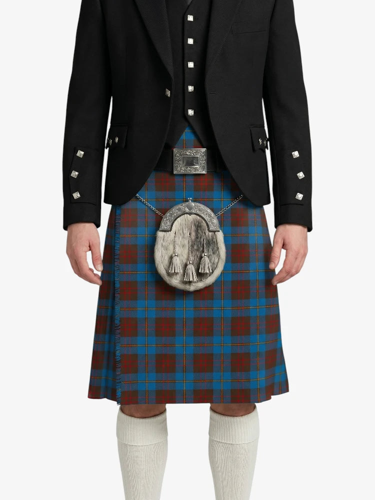 Person wearing a traditional Scottish kilt with a tartan pattern on a white background