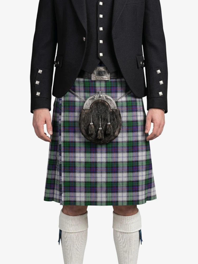 Person wearing a traditional Scottish kilt with a sporran on a white background