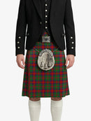 Person wearing a traditional Scottish kilt with a tartan pattern on a white background
