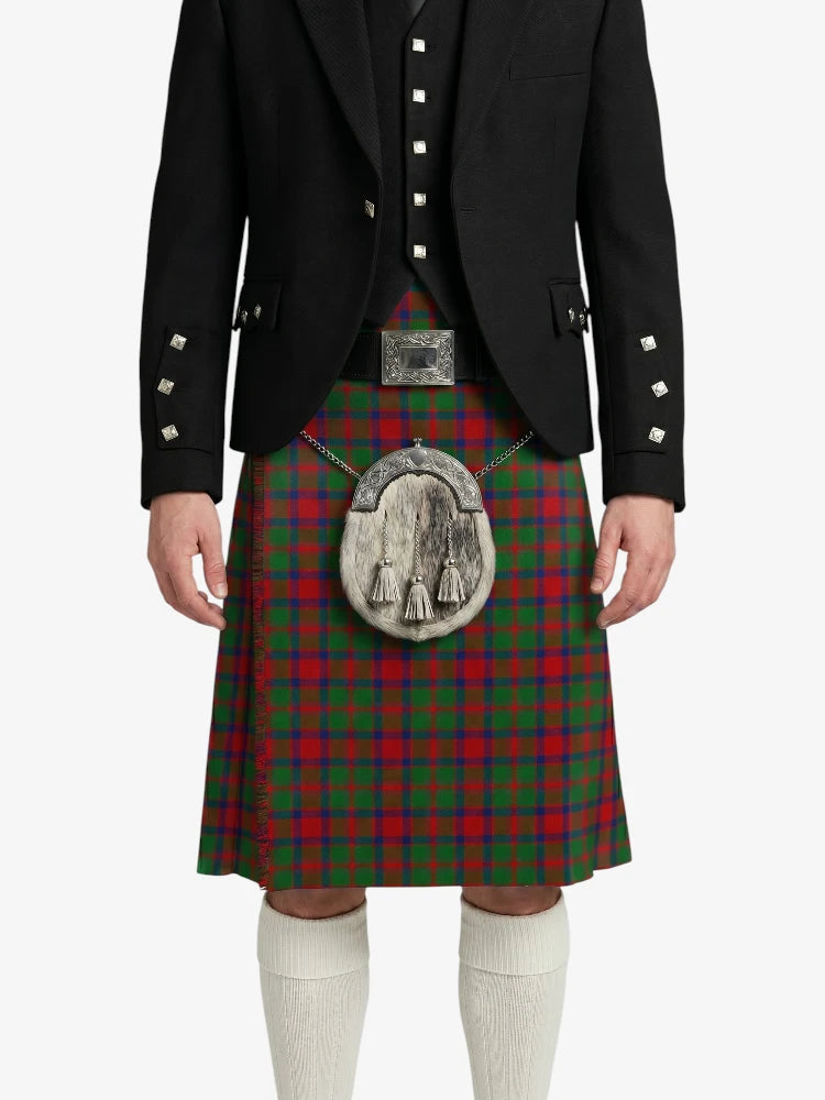 Person wearing a traditional Scottish kilt with a tartan pattern on a white background