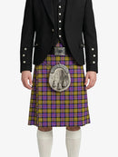 Person wearing a Scottish kilt with a tartan pattern on a white background