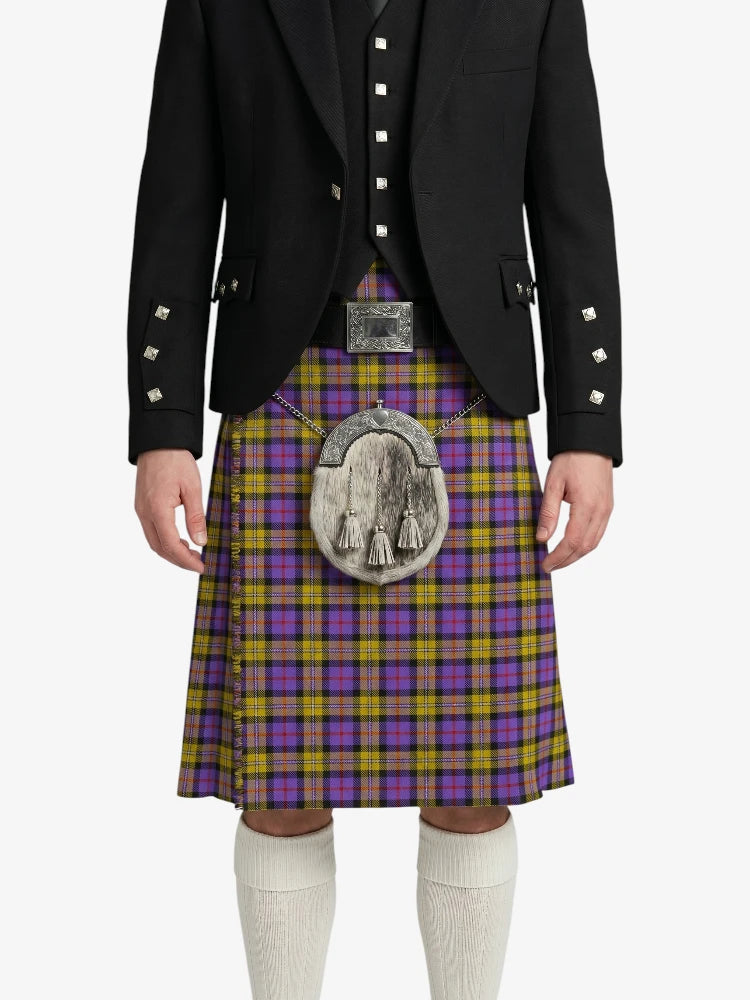 Person wearing a Scottish kilt with a tartan pattern on a white background