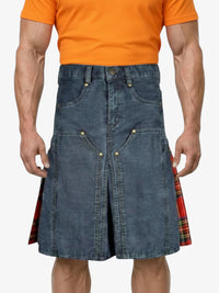 Man wearing a blue denim kilt with plaid accents on a white background