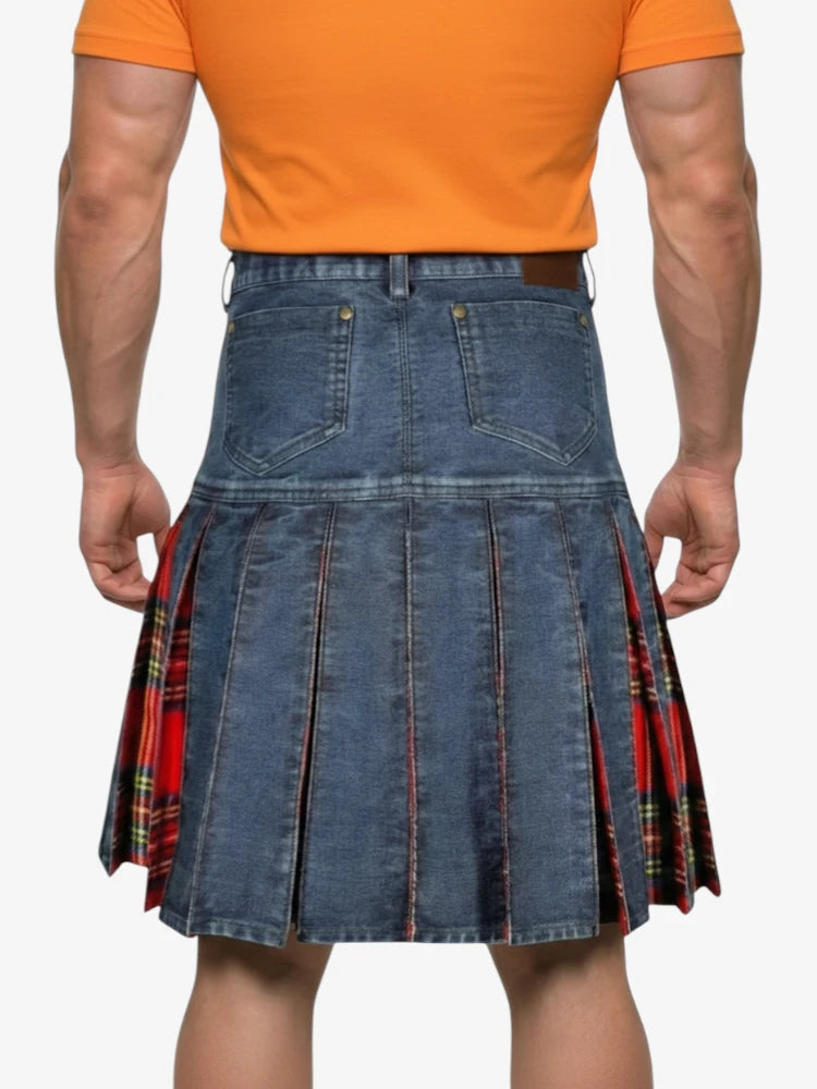 Person wearing an orange shirt and a blue denim kilt with red tartan lining on a white background