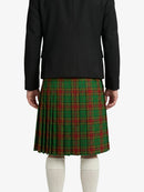 Person wearing a black jacket and green plaid skirt on a white background