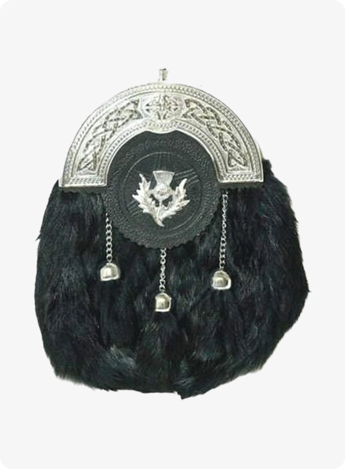Hand Made Crafted Celtic Thistle Black Rabbit Fur Sporran