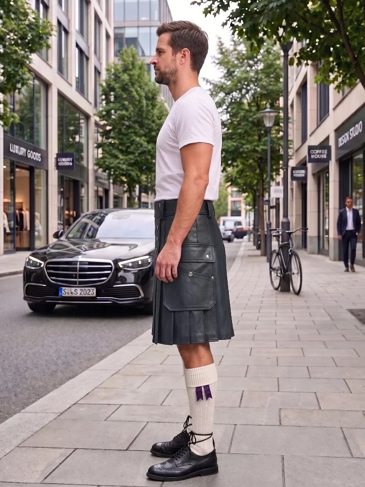 A man standing on a city sidewalk wearing a white crew-neck t-shirt, a dark gray pleated kilt with multiple front flap pockets, white knee-high socks with a purple accent, and black leather lace-up shoes. A black Mercedes-Benz car and a bicycle are parked on the street behind him.