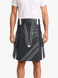 Charcoal And White Leather Hybrid Utility Kilt Front