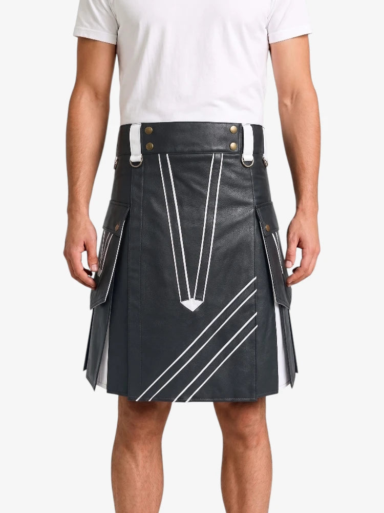 Charcoal And White Leather Hybrid Utility Kilt Front