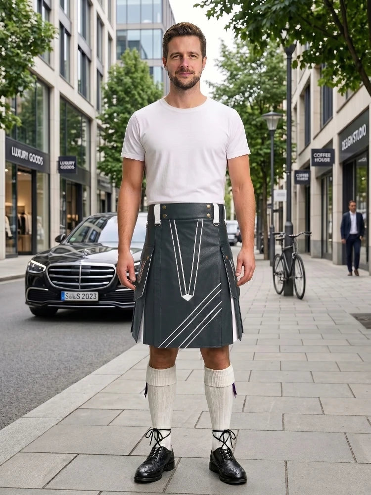 Charcoal And White Leather Hybrid Utility Kilt
