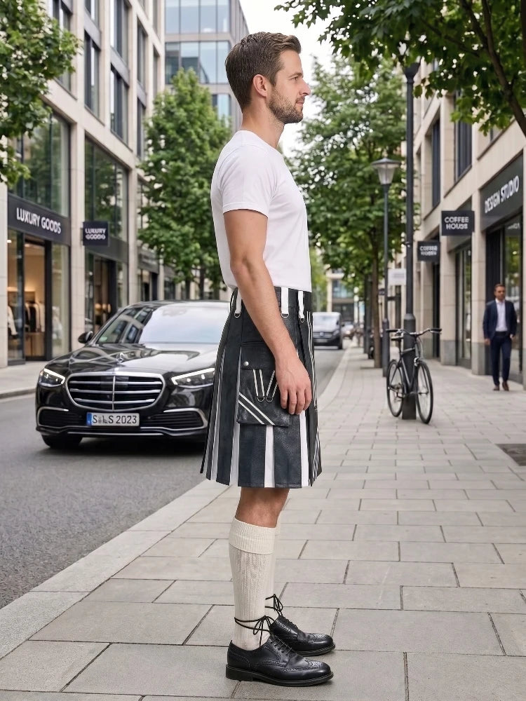 Charcoal And White Leather Hybrid Utility Kilt Right