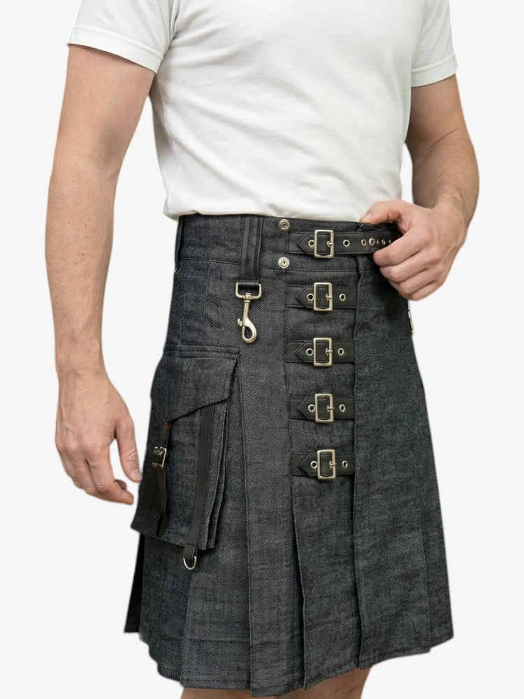 Charcoal Denim Kilt with Adjustable Buckle