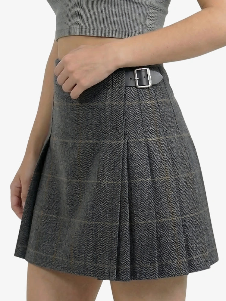 Gray checkered skirt with a belt on a white background