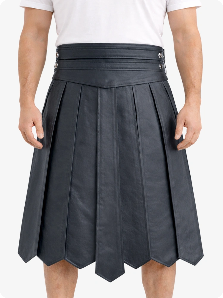 Charcoal Leather Highland Kilt Adjustable Buckle Waist & Classic Pleats