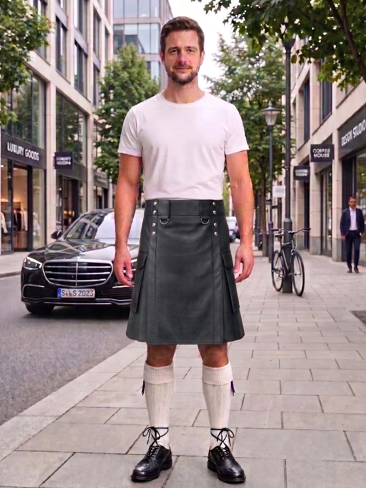 Charcoal Leather Kilt For Men Tactical Utility Kilts