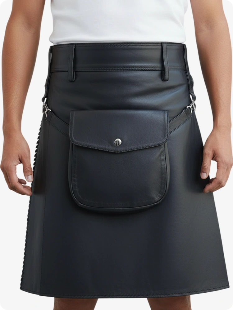 Charcoal Leather Pleated Kilt with Belt Loops & Side Straps