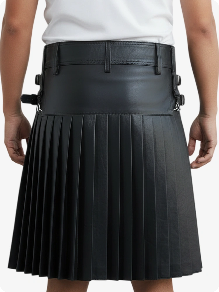 Black pleated skirt worn by a person on a white background
